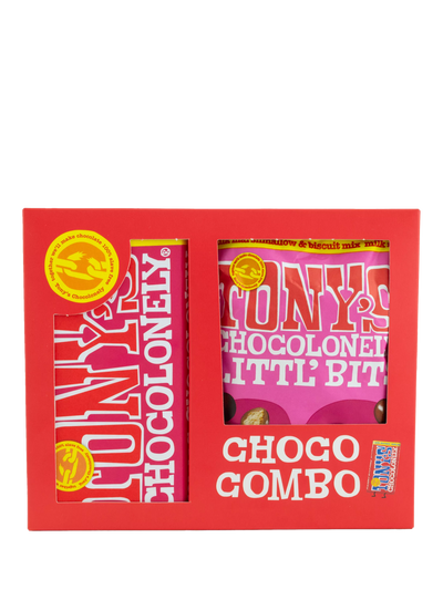 Tony's Chocolonely Choco Combo Gift Pack Littl' Bits Milk Chocolate Caramel Biscuit Bar and Marshmallow Biscuit Mix 280g