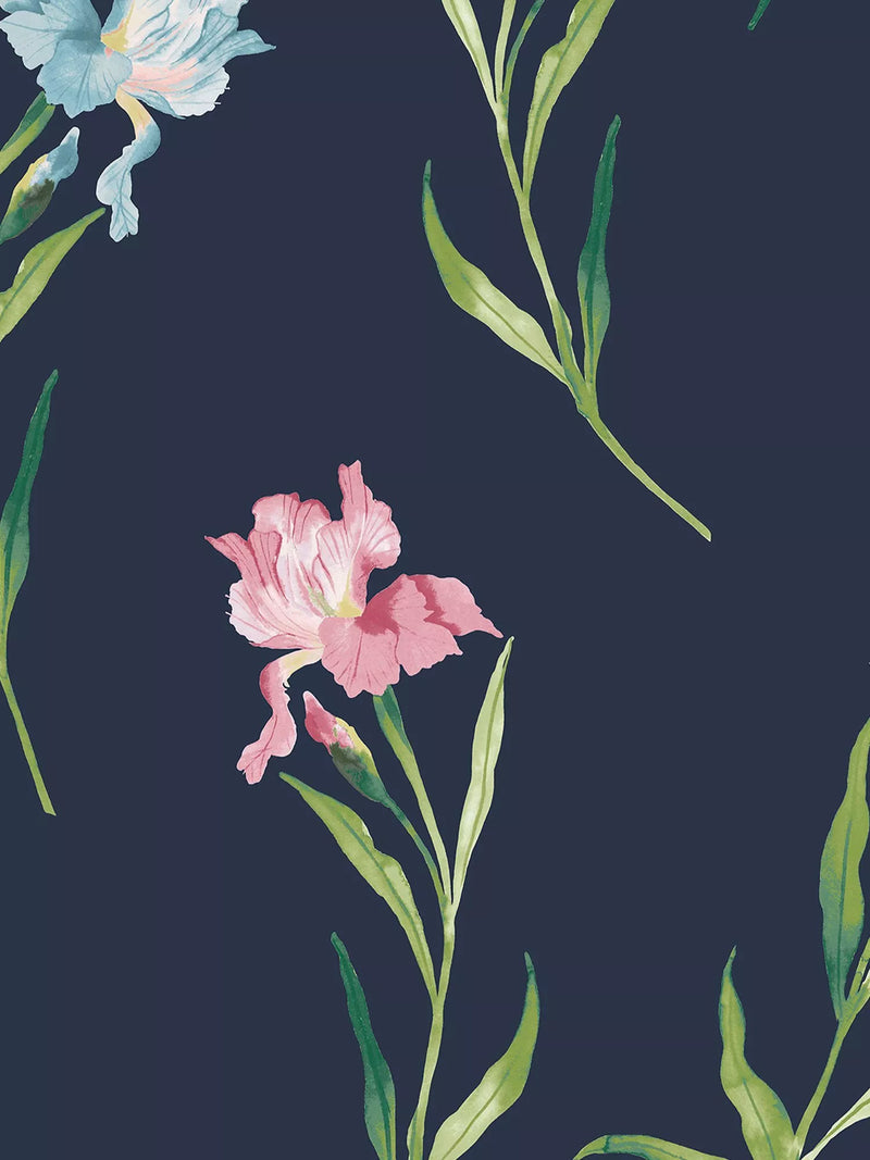 Laura Ashley floral watercolour wallpaper with iris pattern in midnight seaspray, UK version