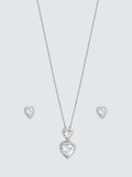 Cubic Zirconia Halo Double Heart Necklace and Stud Earrings Set in Silver Finish Box