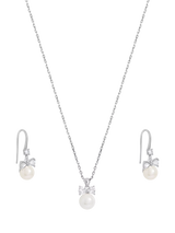 Rhodium Plated Crystal Bow and Pearl Drop Earring Set in Silver