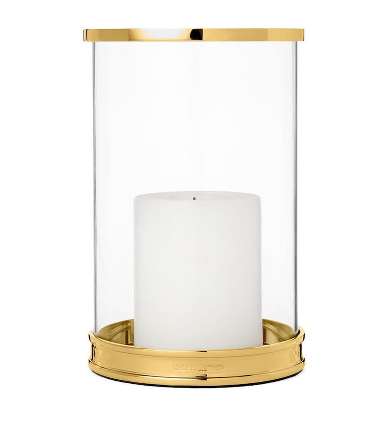 Ralph Lauren Home mini modern hurricane candle holder in glass and brass, 20cm height, imported from the UK