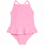M&S Girls Floral Textured Frill Swimming Costume, 3-4 Years, Pink