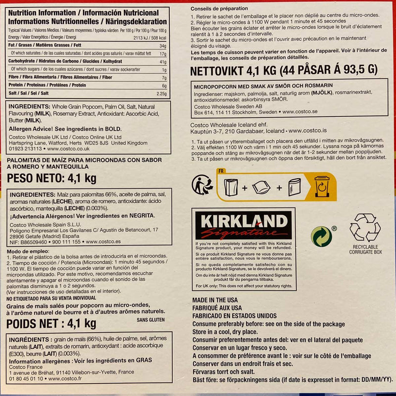 Kirkland Signature microwave popcorn 44 x 93g, UK version