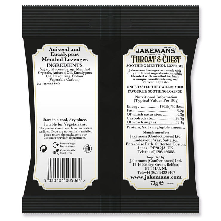 Jakemans Throat & Chest Lozenges Menthol 12 x 73g, UK version