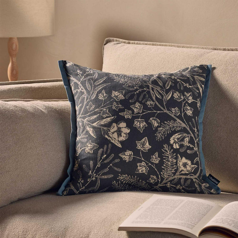 Habitat mono printed winter floral cushion navy 43cm, imported from the UK