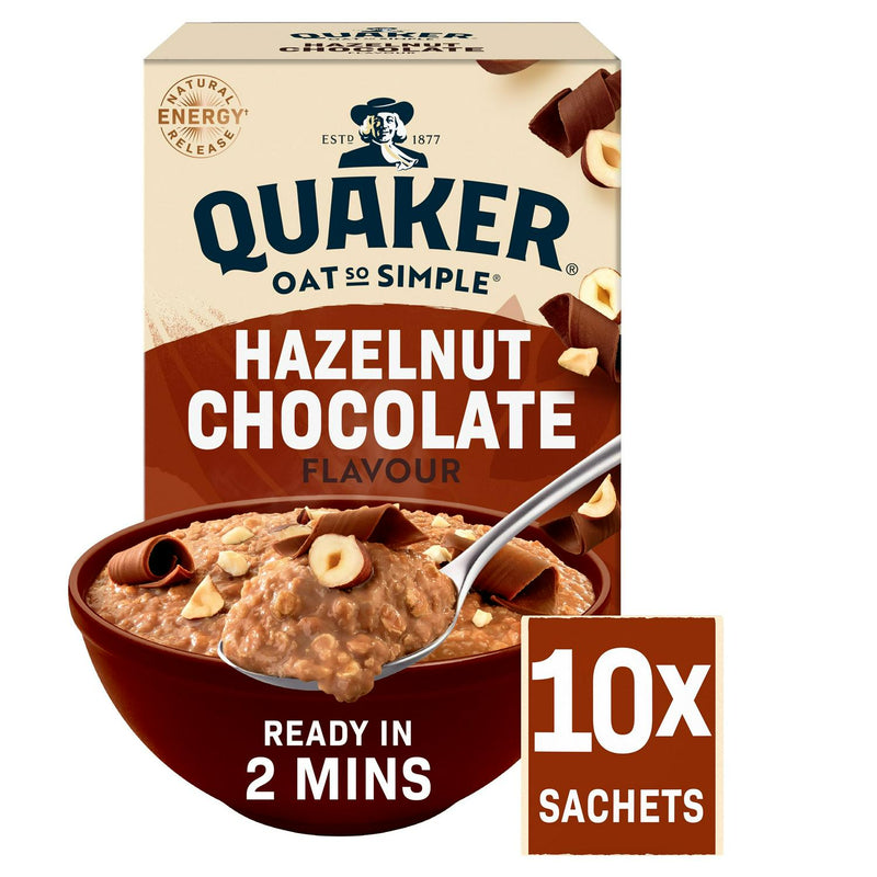 Quaker Hazelnut Chocolate Porridge Sachets 10x36g, imported from the UK