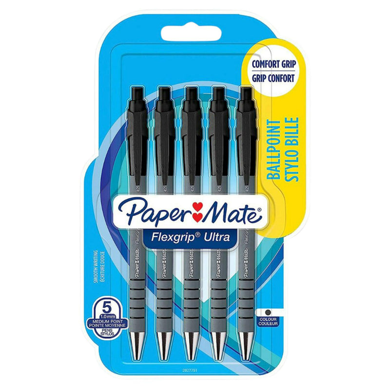Paper Mate Flexgrip Ultra Black pen set 5pc, imported from the UK