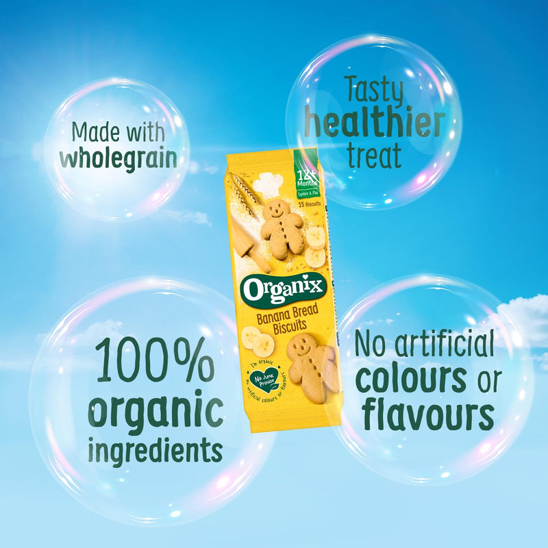 Organix Banana Bread Biscuits 135g, imported from the UK