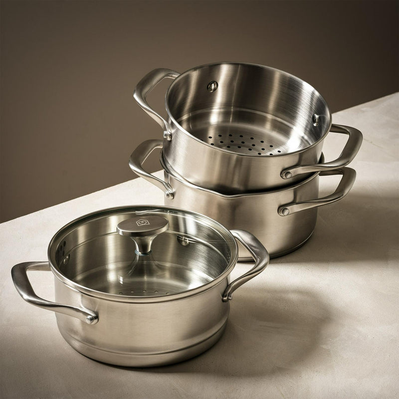 3-Tier Stainless Steel Steamer with Glass Lid, 18cm Diameter