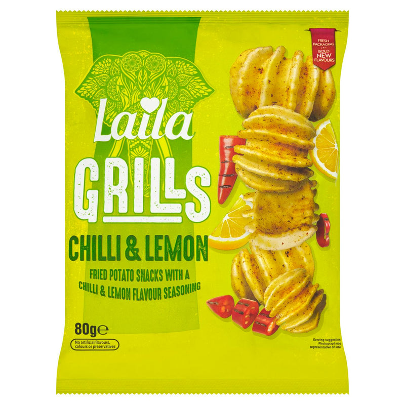 Laila Grills Chilli Lemon potato snacks 80g, UK version