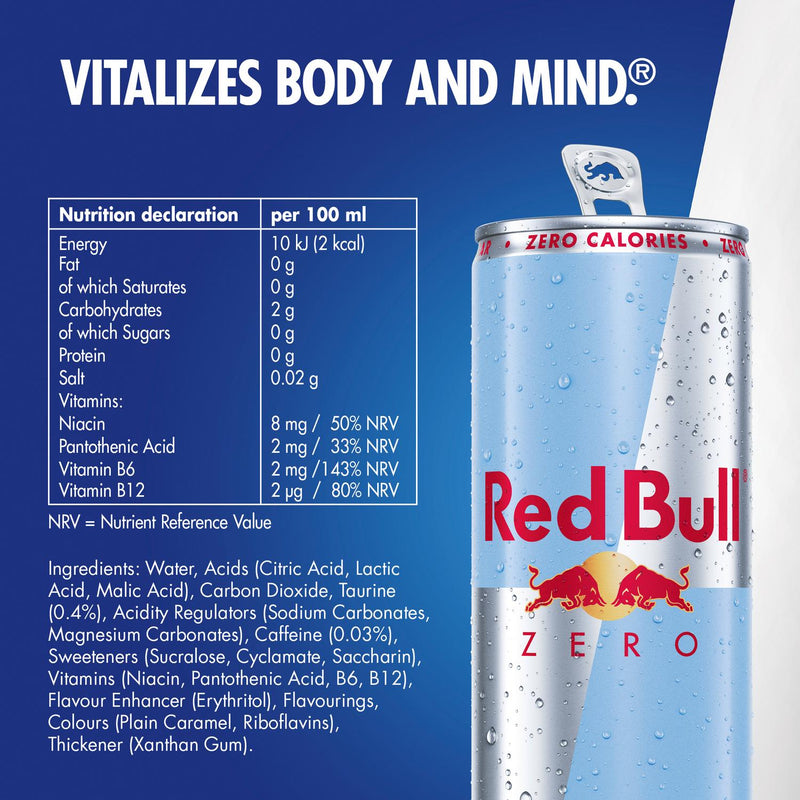 Red Bull Energy Drink Zero 4x250ml, imported from the UK