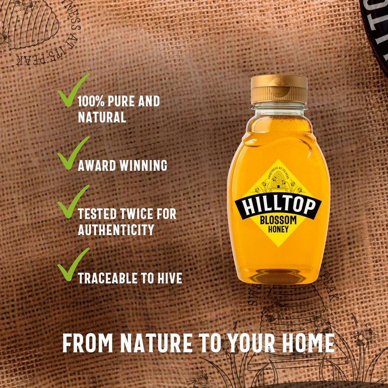 Hilltop Blossom Honey 340g Jar Packaging, UK version