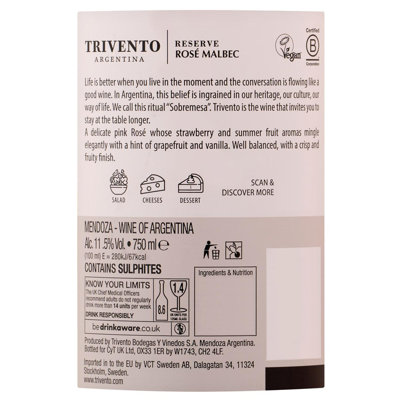 Trivento Reserve Malbec Rosé Wine 75cl, imported from Argentina