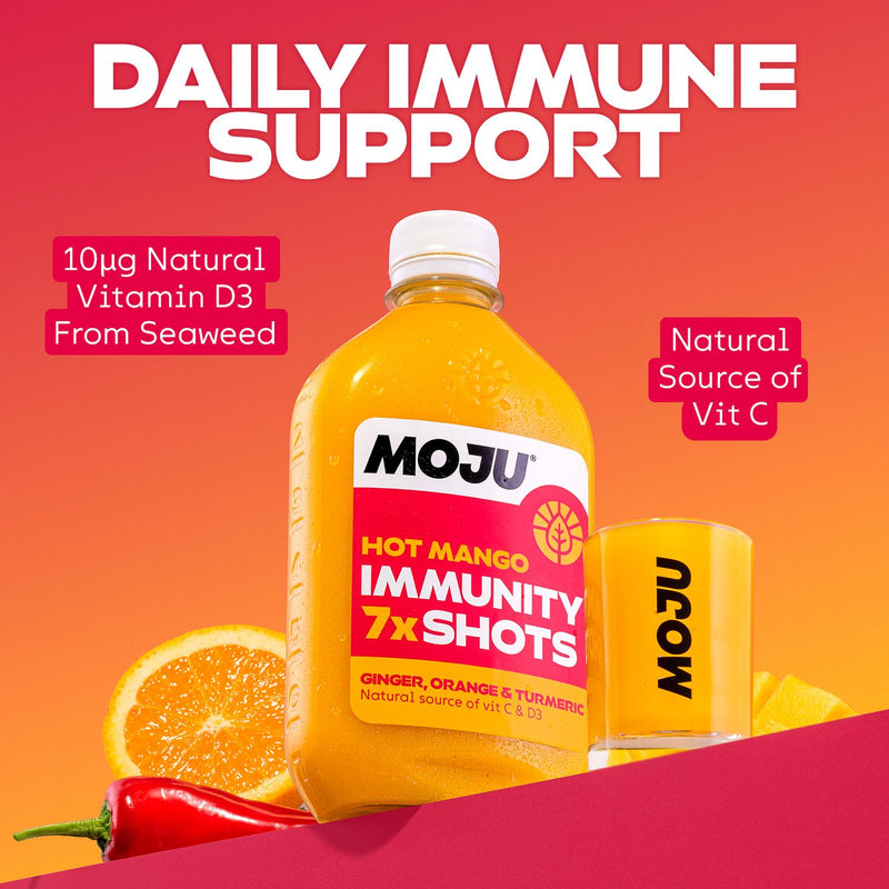 MOJU Hot Mango Immunity Shots x7 Bottle Pack 420ml, imported from the UK