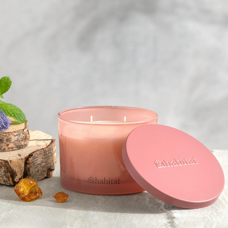 Habitat multi-wick candle in patchouli and amber scent, pink frosted glass jar, 300g, UK version