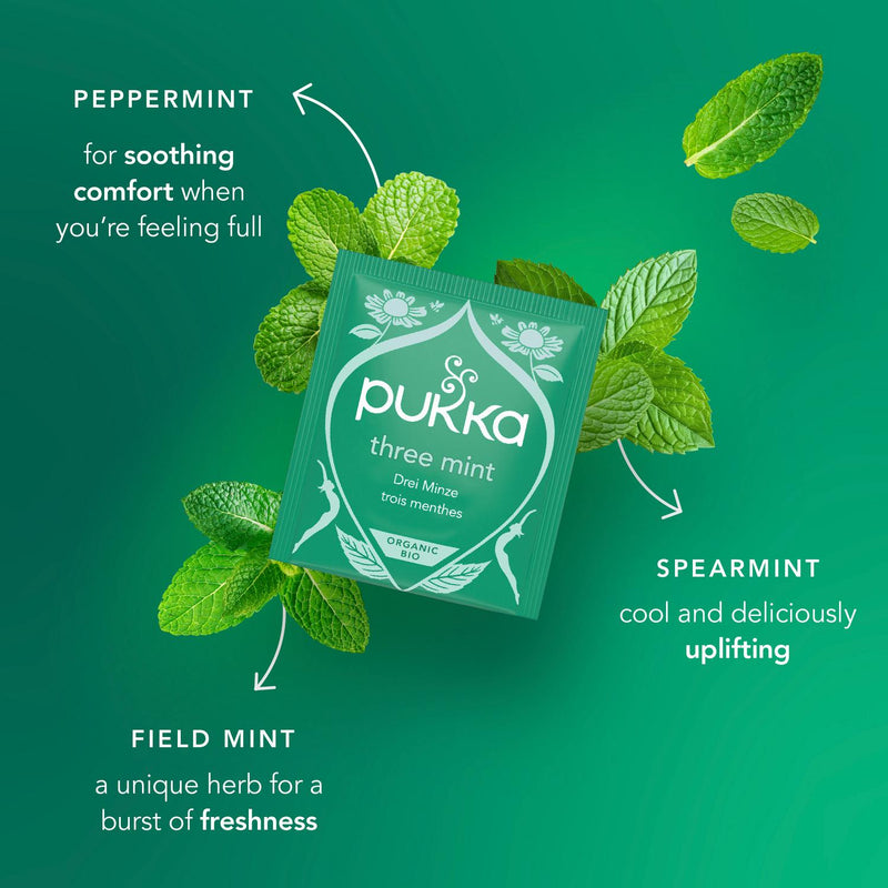 Pukka Three Mint organic herbal tea bags 64g, imported from the UK