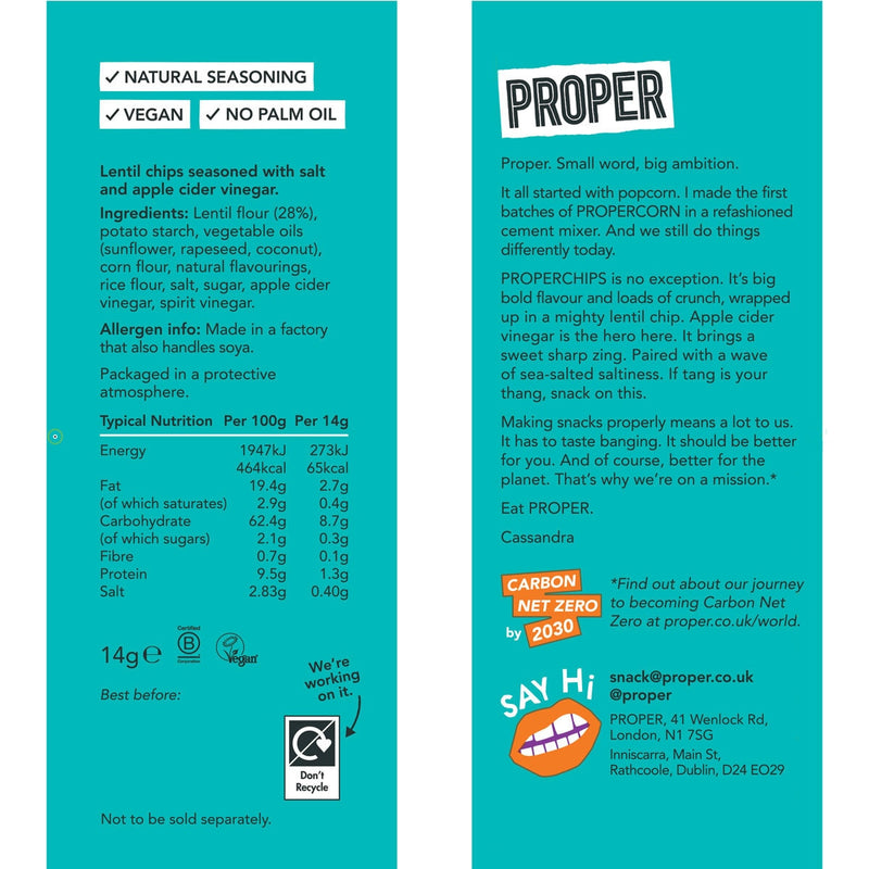 Proper Chips BBQ and Salt & Vinegar crisps 32x14g, imported from the UK