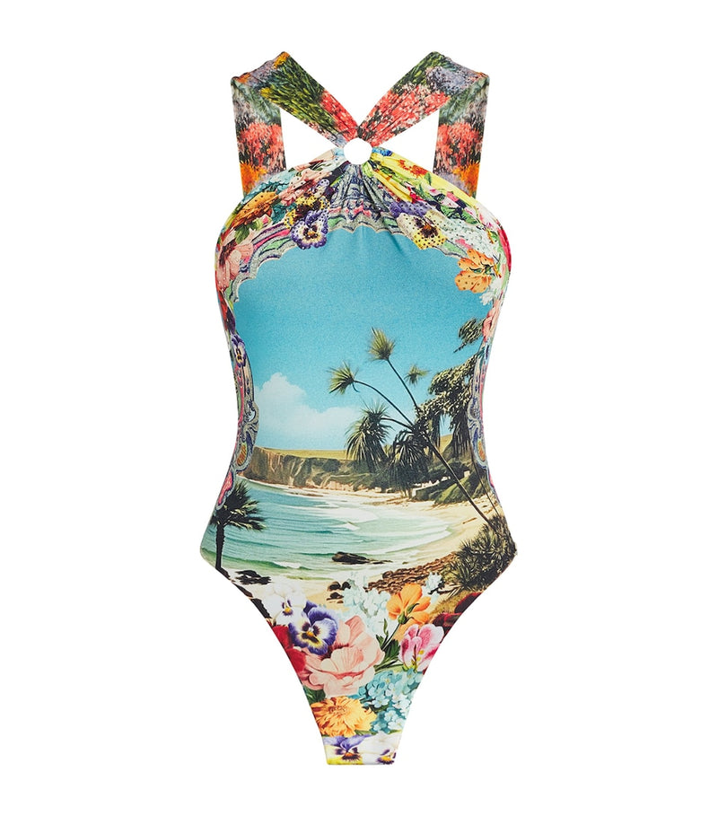 Plunge Neck Swimsuit with All-Over Print in Nylon and Elastane