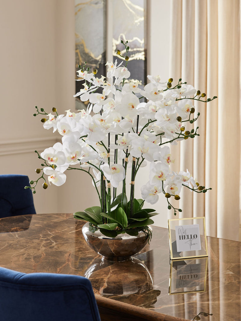 White real touch artificial orchid in large silver pot (British brand)