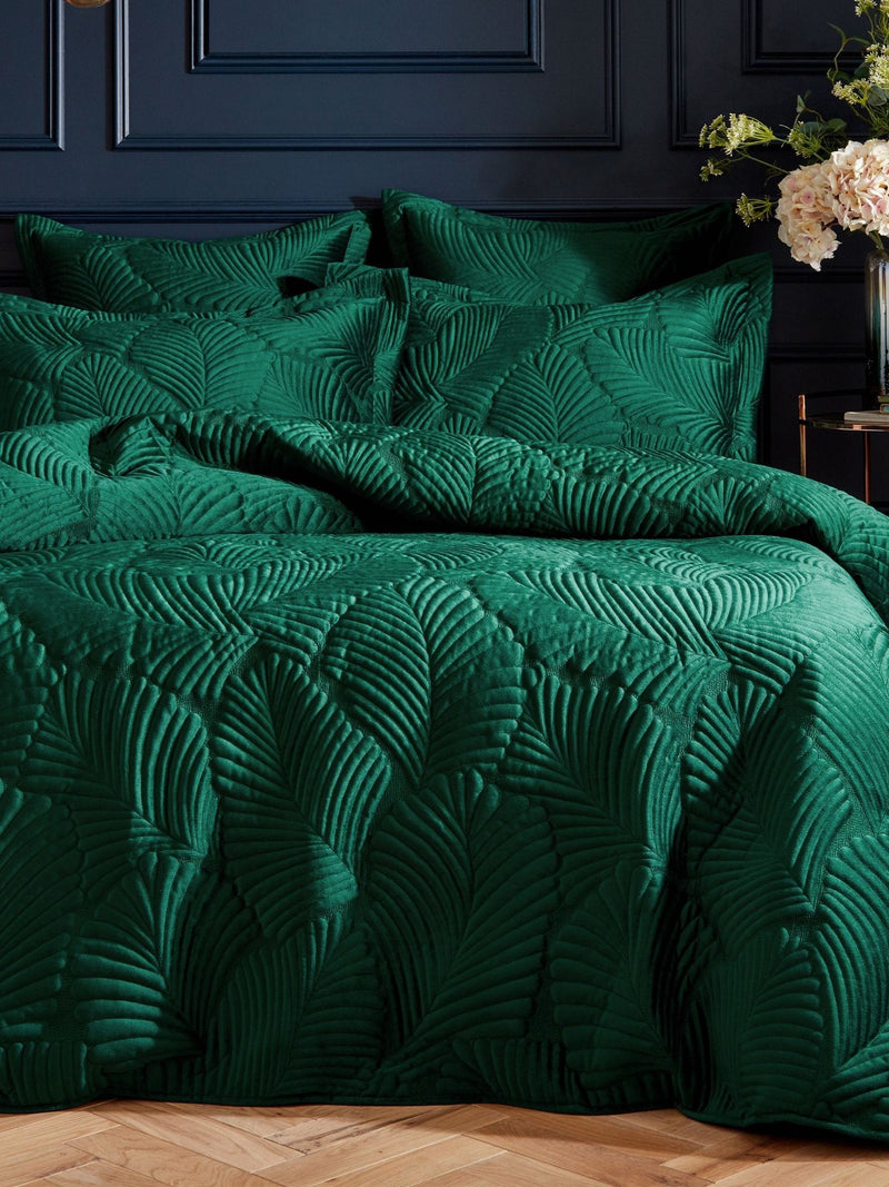 Paoletti Green Palmeria Quilted Velvet Duvet Cover Set, imported from the UK