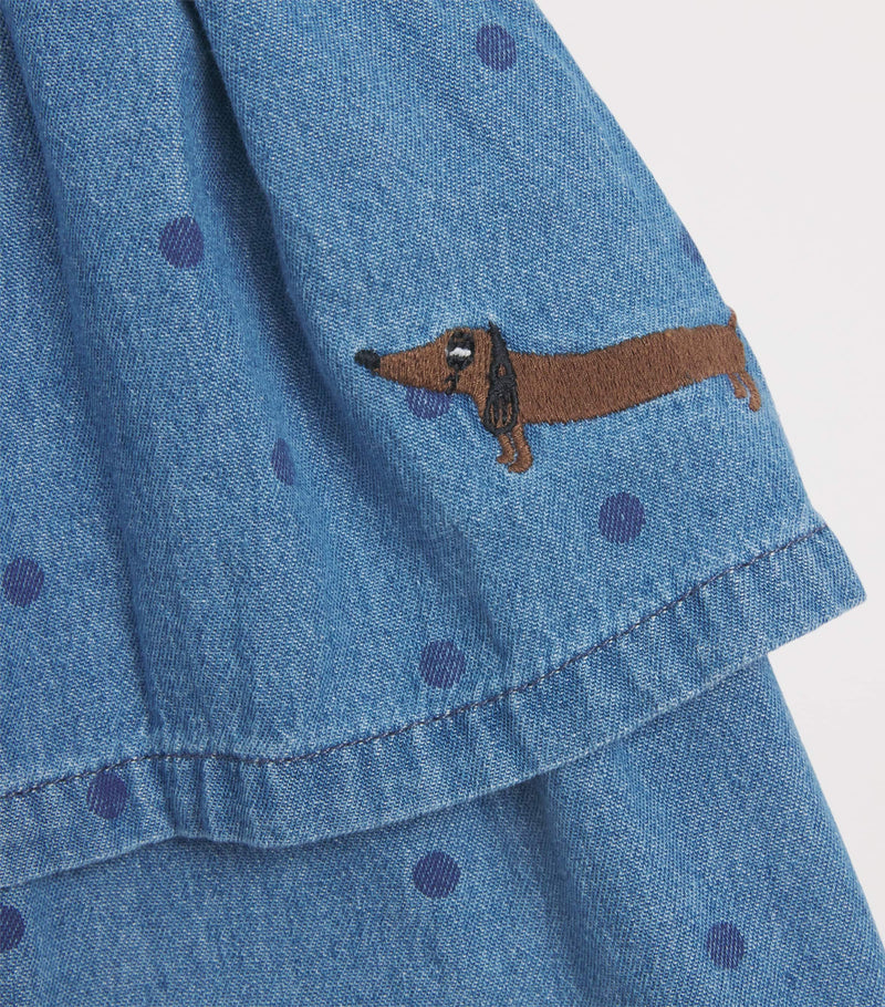 Mini Rodini Denim Dots dress 3-11 Years, imported from the UK