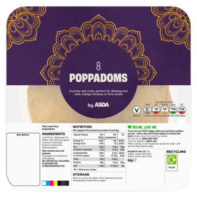 ASDA plain lentil poppadoms 8 pack 64g - British product