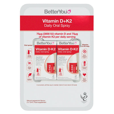 BetterYou Vitamin D + K2 Oral Spray Natural Peppermint Vitamin Supplement 2 x 12ml