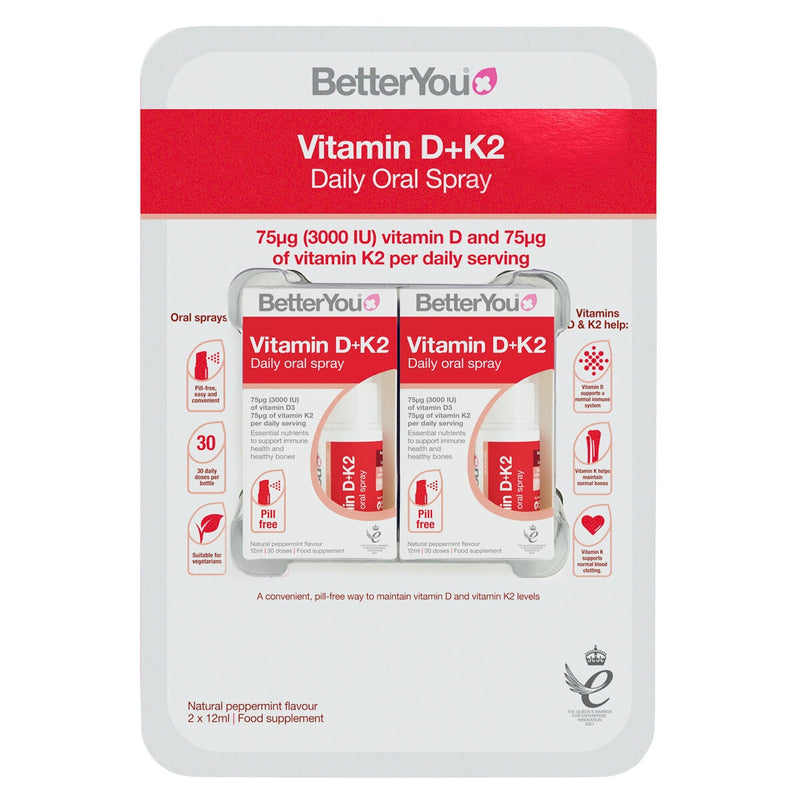 BetterYou Vitamin D + K2 Oral Spray Natural Peppermint Flavour 2 x 12ml - British product