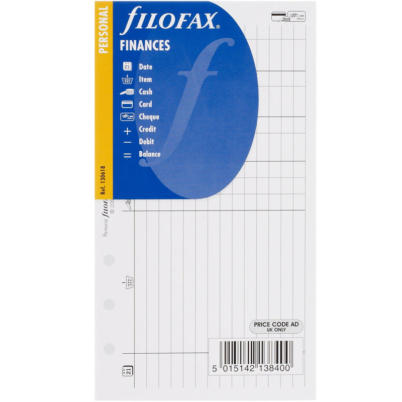 Filofax finance sheets for personal organiser, 20 sheets - British product