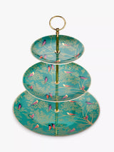 Fine China 3-Tier Cake Stand with Bird Motifs and Gold Accents, Green