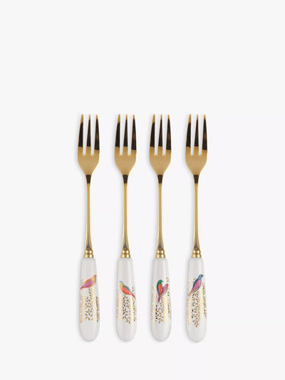Assorted Bird Motif Pastry Forks with Fine China Handles, Set of 4