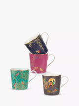 Bird Motif Fine China Mugs with Gold Accents, 340ml, Set of 4, Assorted