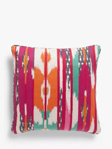 Multi-Coloured Longstitched Ikat Cushion with Hand Screen Printed Design