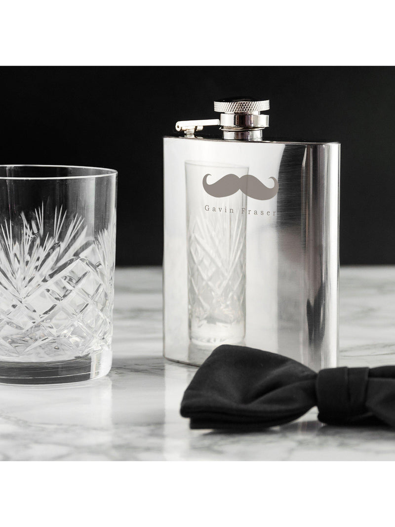 Treat Republic personalised stainless steel hip flask with French-style moustache design, 170ml (British brand)