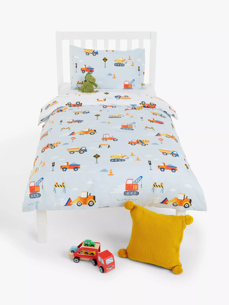 John Lewis reversible pure cotton duvet cover and pillowcase set, single, construction pattern, multi, UK version