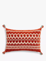 Velvet Bolster Cushion with Embroidery and Tassels in Red Brick