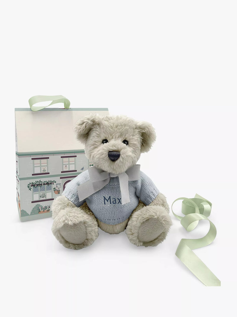 Babyblooms Berkeley Bear personalised soft toy with bear house box, light blue, 20cm high - British product