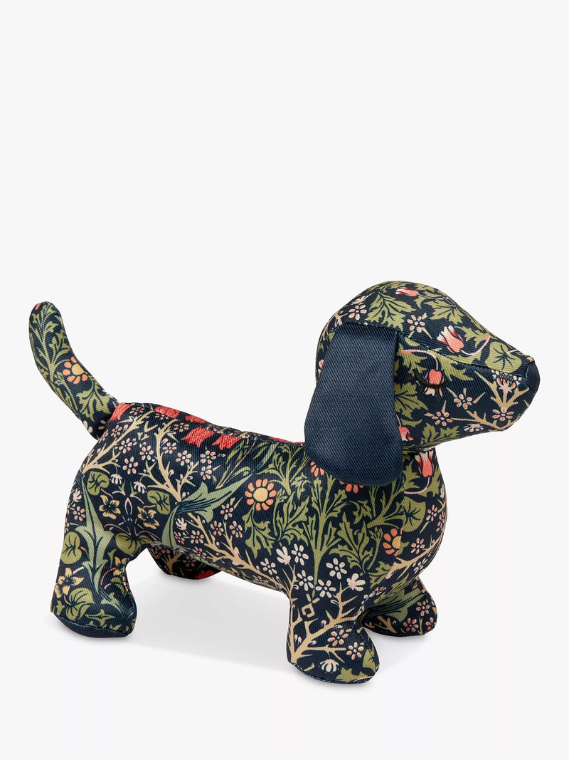 William Morris At Home squeaky sausage dog toy with Blackthorn print and crinkle-paper ears (British brand)