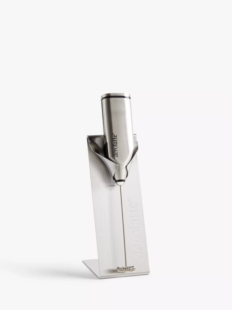 aerolatte handheld battery-operated stainless steel milk frother with kitchen stand - British product