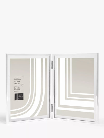 John Lewis Vertical Folding Double Photo Frame with Glass Border, Silver Plated, 5 x 7 Inch (13 x 18cm)
