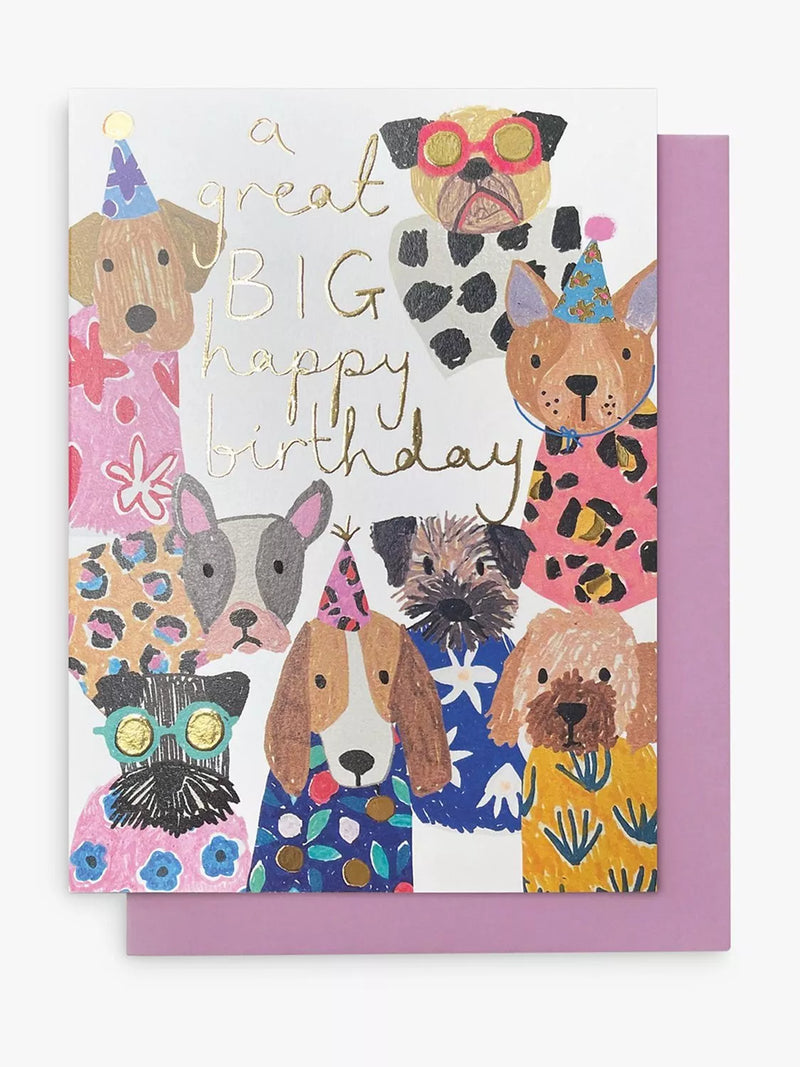 Stop the Clock Design dogs birthday card with purple envelope (British brand)