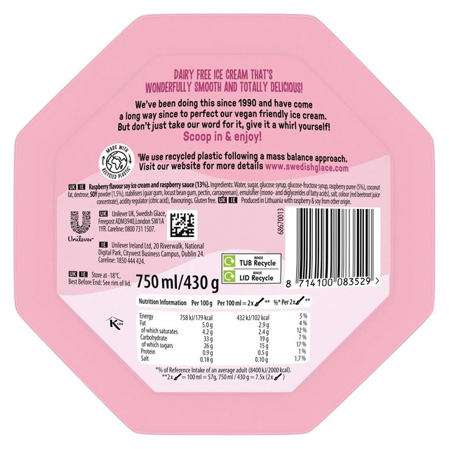 Swedish Glace Dairy Free Delightful Raspberry Vegan Ice Cream Tub 750ml GOODS M&S