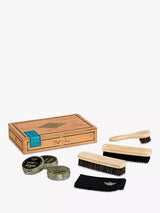 Shoe Shine Kit with Black Polish, Neutral Cream, and Brushes in Wooden Box