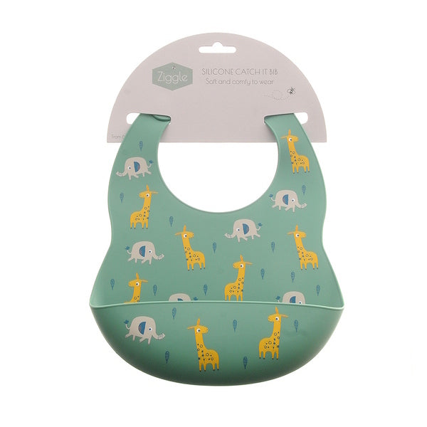 Ziggle Silicone Bib Green Elephant & Giraffe One Size (British brand)