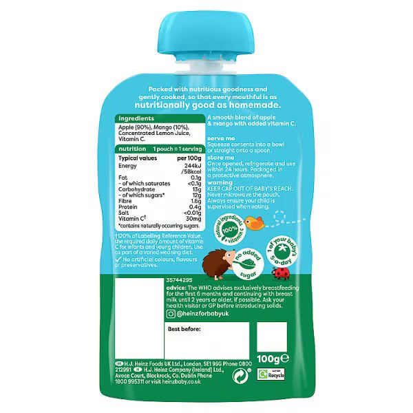 Heinz Apple Mango Baby Fruit Puree Pouch 85g, UK version