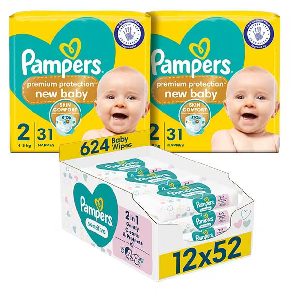 Pampers New Born Nappy Size 2 & Sensitive Wipes Bundle