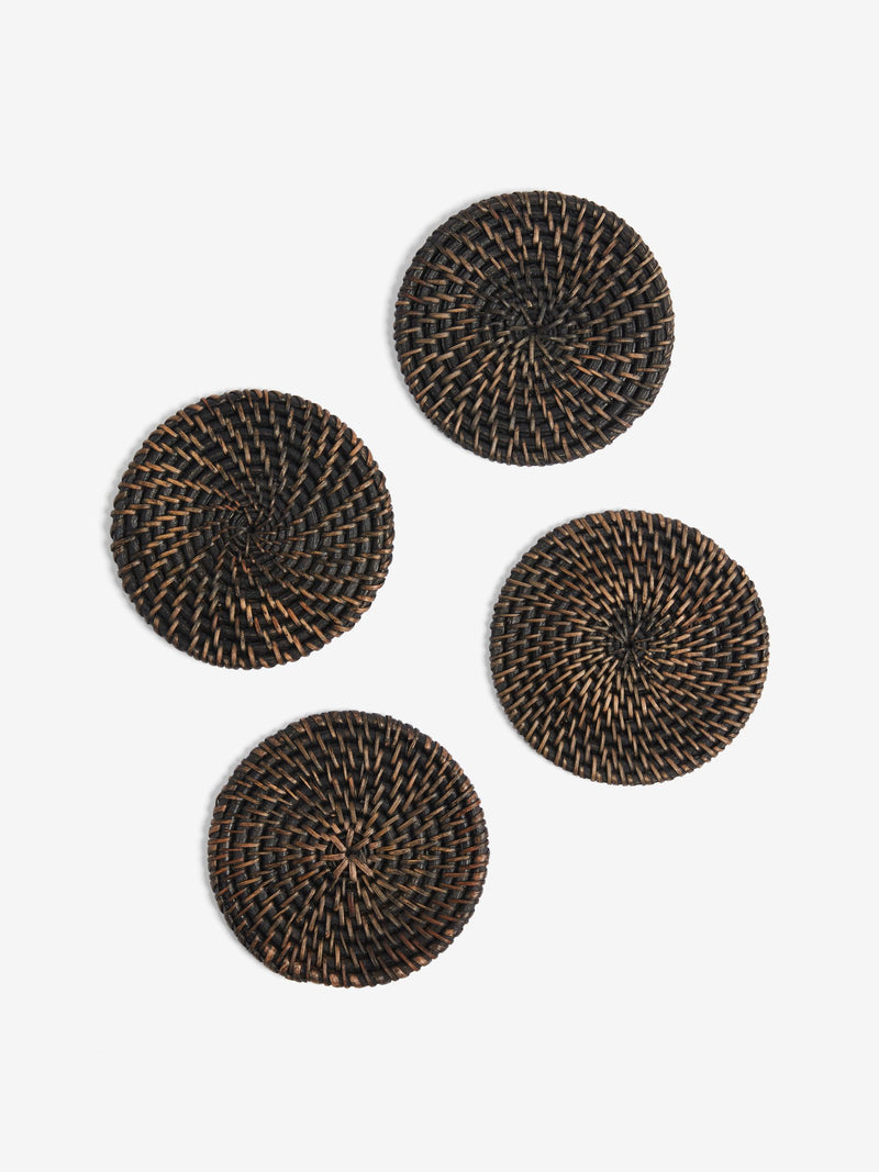 French Connection Black Rattan Hand Woven Set of 4 Coasters
