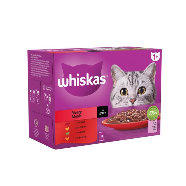 Whiskas 1+ Adult Wet Cat Food Pouches Meaty Meals in Gravy 12 x 85g GOODS M&S