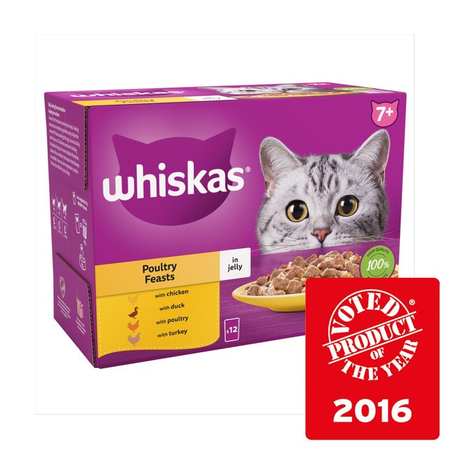 Whiskas 7+ Adult Wet Cat Food Pouches Poultry Feasts in Jelly 12 x 85g GOODS M&S