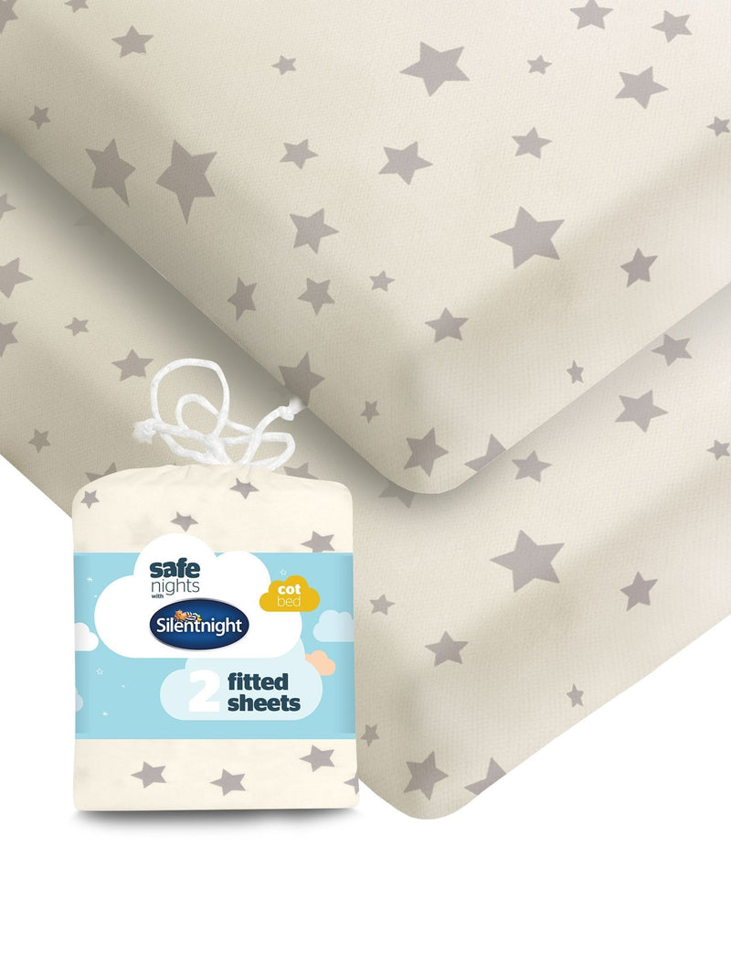 Silentnight Grey Stars cot bed fitted sheets 2 pack (British brand)